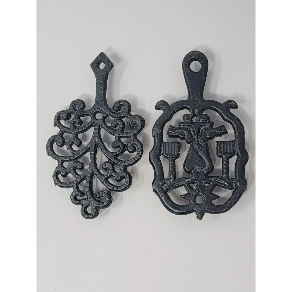 Vintage L.E.G.O. Made in Taiwan Cast Iron Trivet Set With Heart & Vine Design